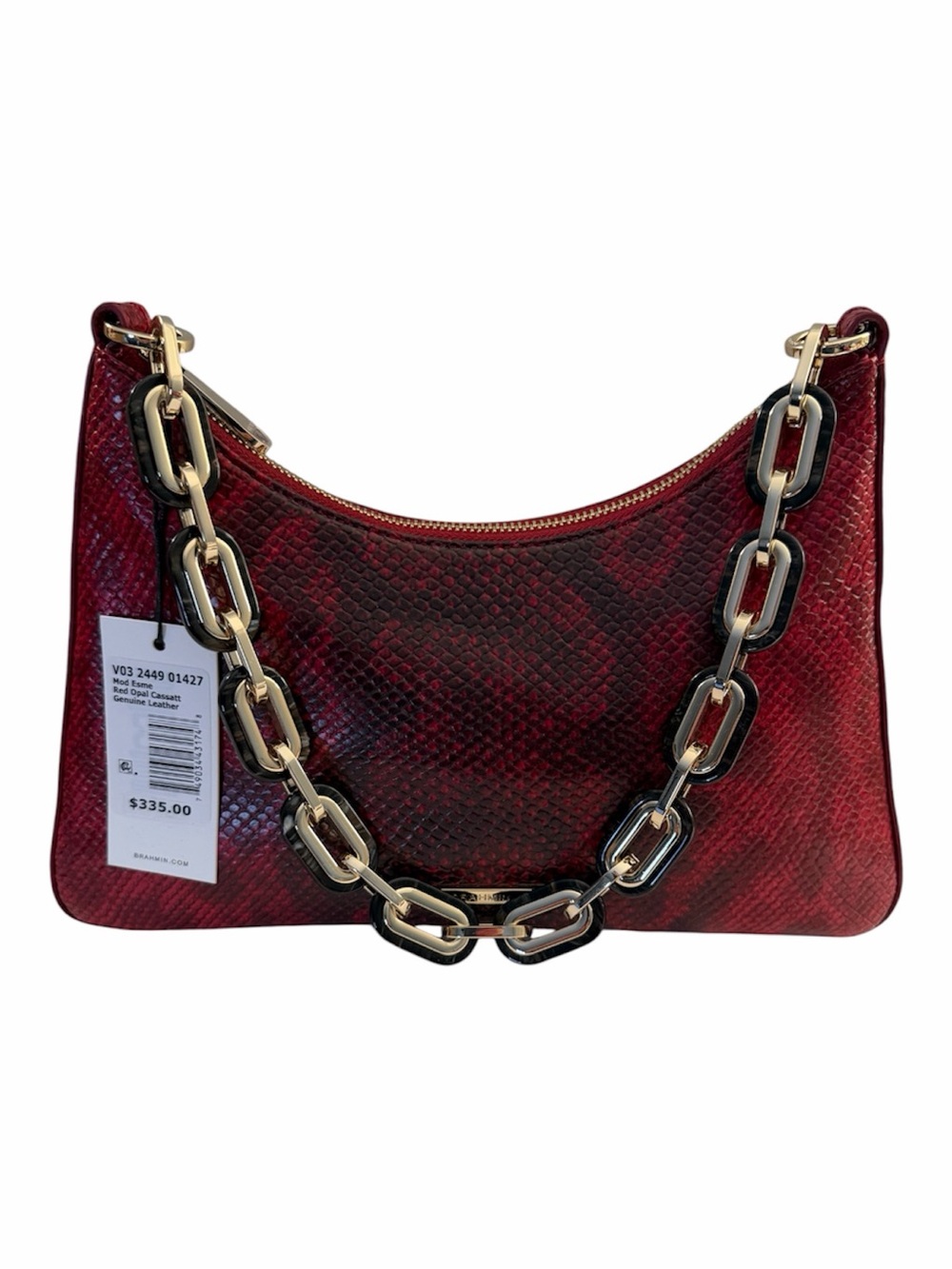 BRAHMIN HANDBAG, Red Opal Cassatt Mod Esme Snake-Embossed Shoulder Bag, NEW.